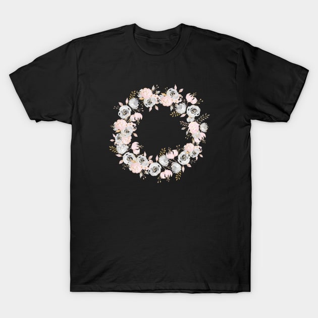 Pretty Rose Gold Watercolor Flower Wreath T-Shirt by NatureMagick